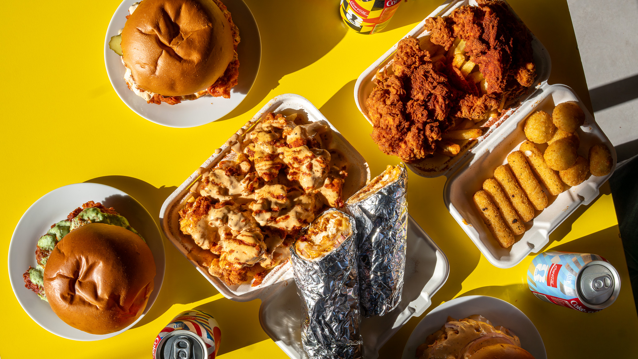 Flat lay of the Spicy Chick spread on the yellow table