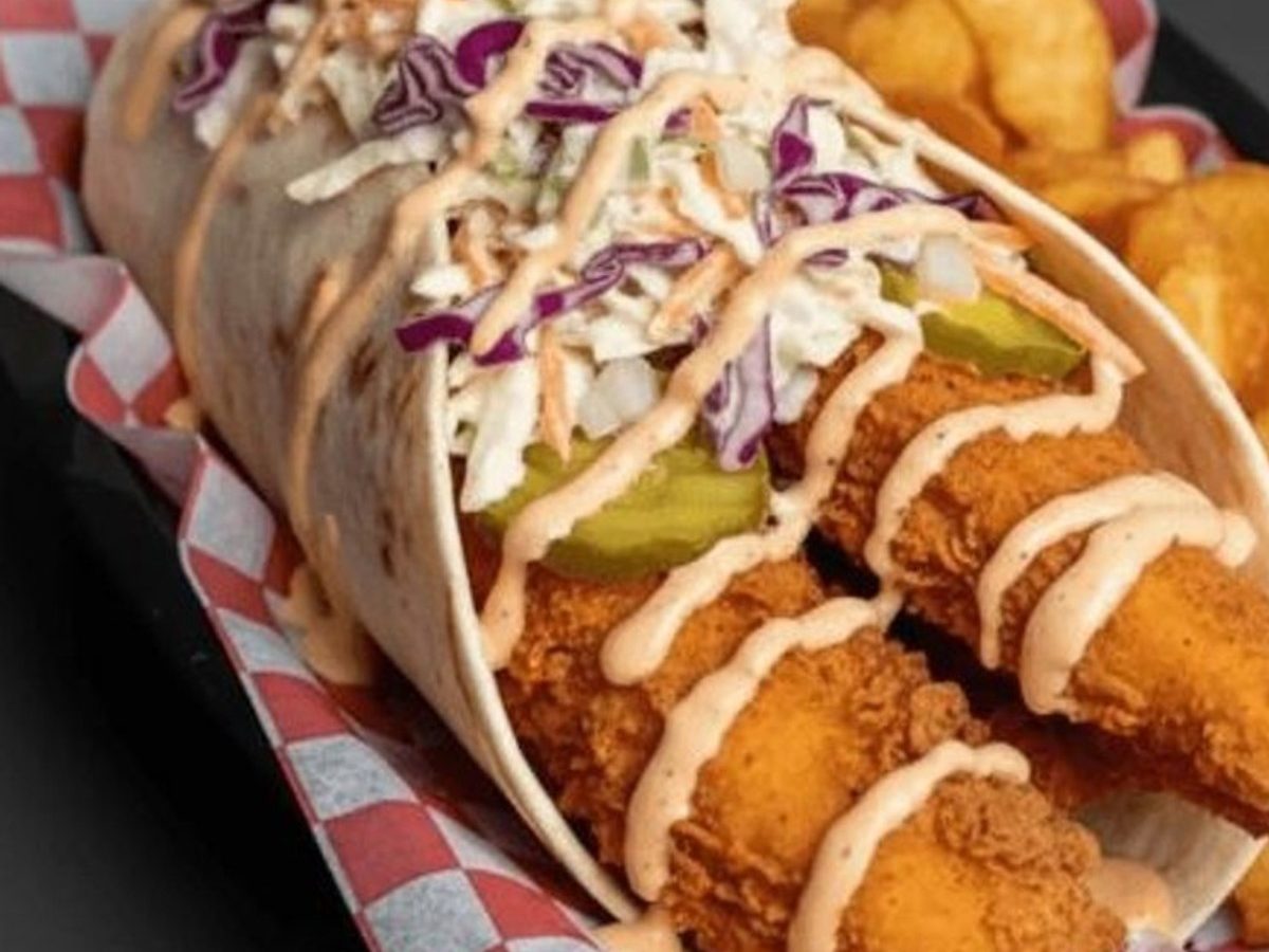 Hot Honey Wrap close up with slaw and pickles