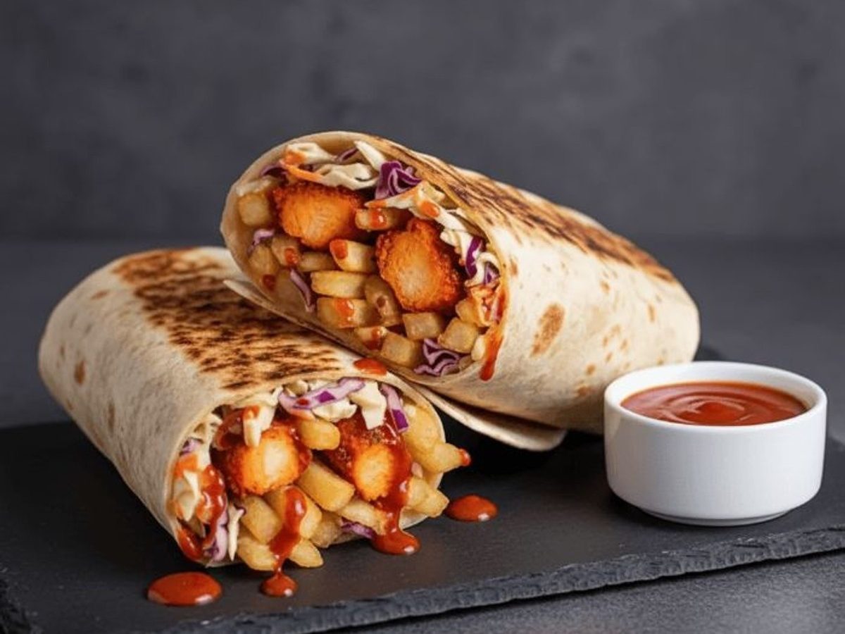 Zesty Tandoori Wrap cut in half with a pot of sauce